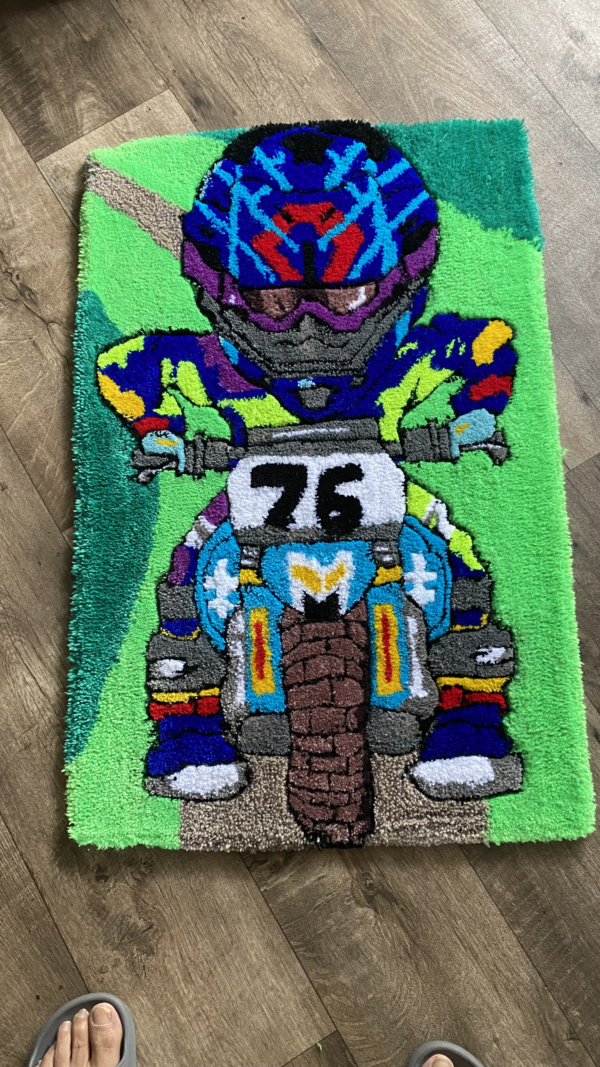 Biker Kid Handmade Rug Boy On Bike. - Image 2