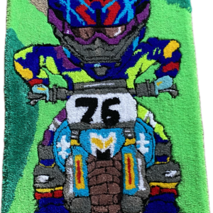 Biker Kid Handmade Rug Boy On Bike.