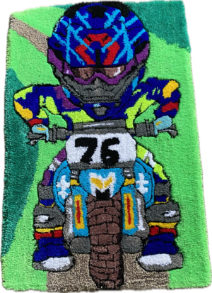 Biker Kid Handmade Rug Boy On Bike.