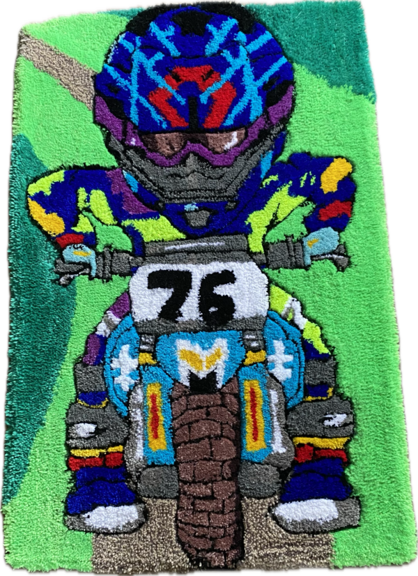 Biker Kid Handmade Rug Boy On Bike.